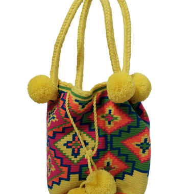 Mochila Wayuu Amarilla Rosado Pompones