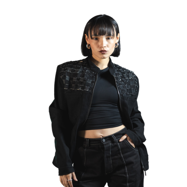 Chaqueta Denim Negro Espalda Cuadro Escoces Verde
