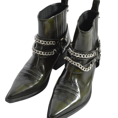 Botas Verde Oscuro Caña Corta Con Textura Y Cadenas Decorativas Talla 37