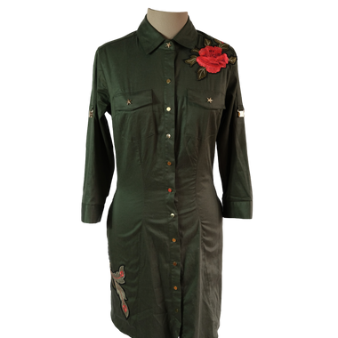 Vestido Verde Militar Botones Rosa