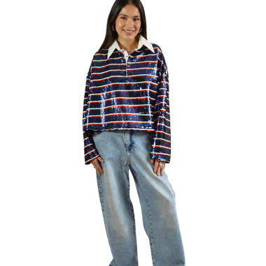 Camisa Corta Lentejuelas Rayas Azúl Oscuro