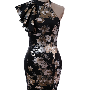 Vestido Negro Estampado Dorado