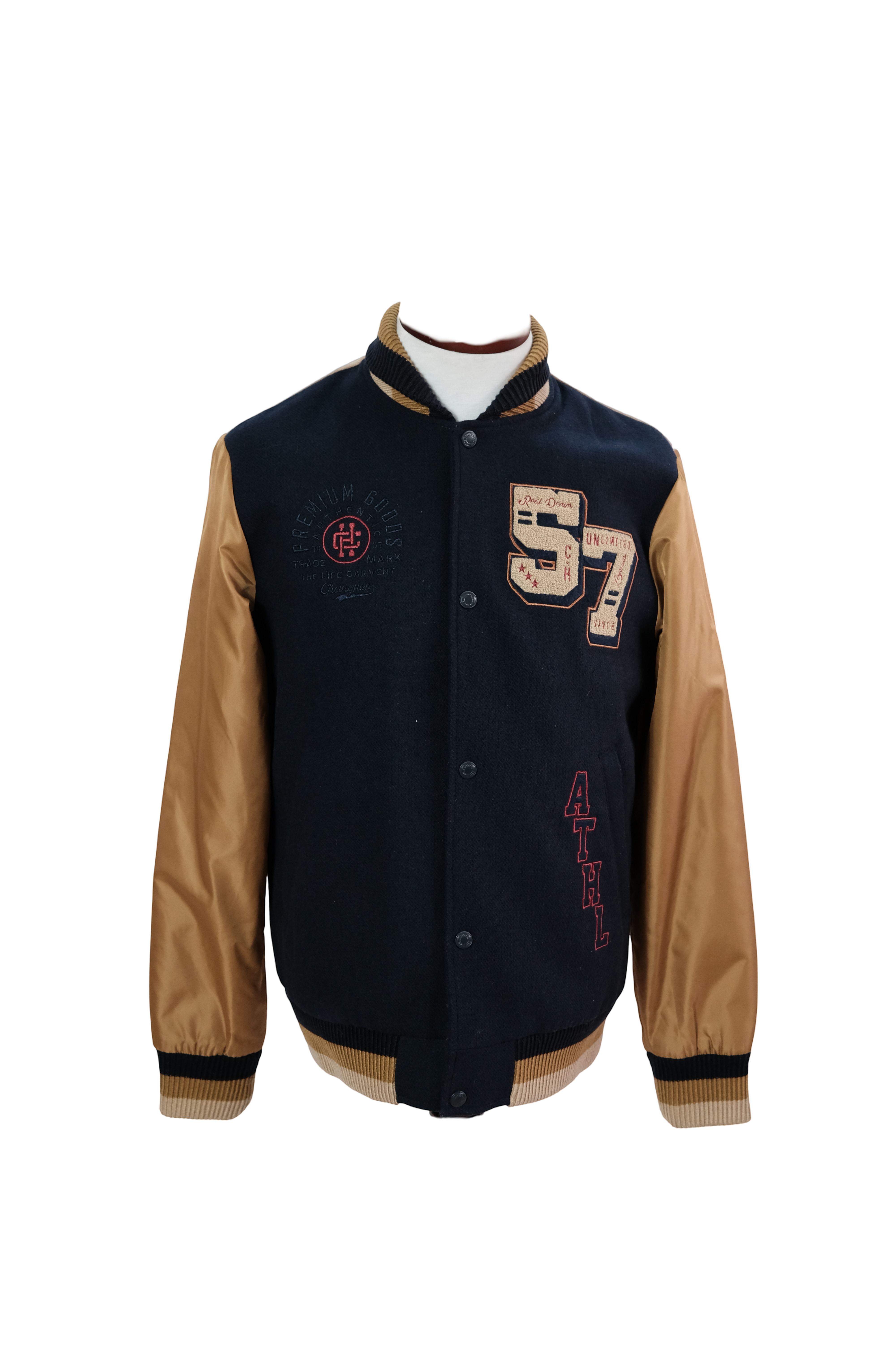 Chaqueta Impermeable Azul Oscuro Mangas Café