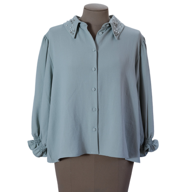 Blusa Verde Menta Claro Perlas En Cuello