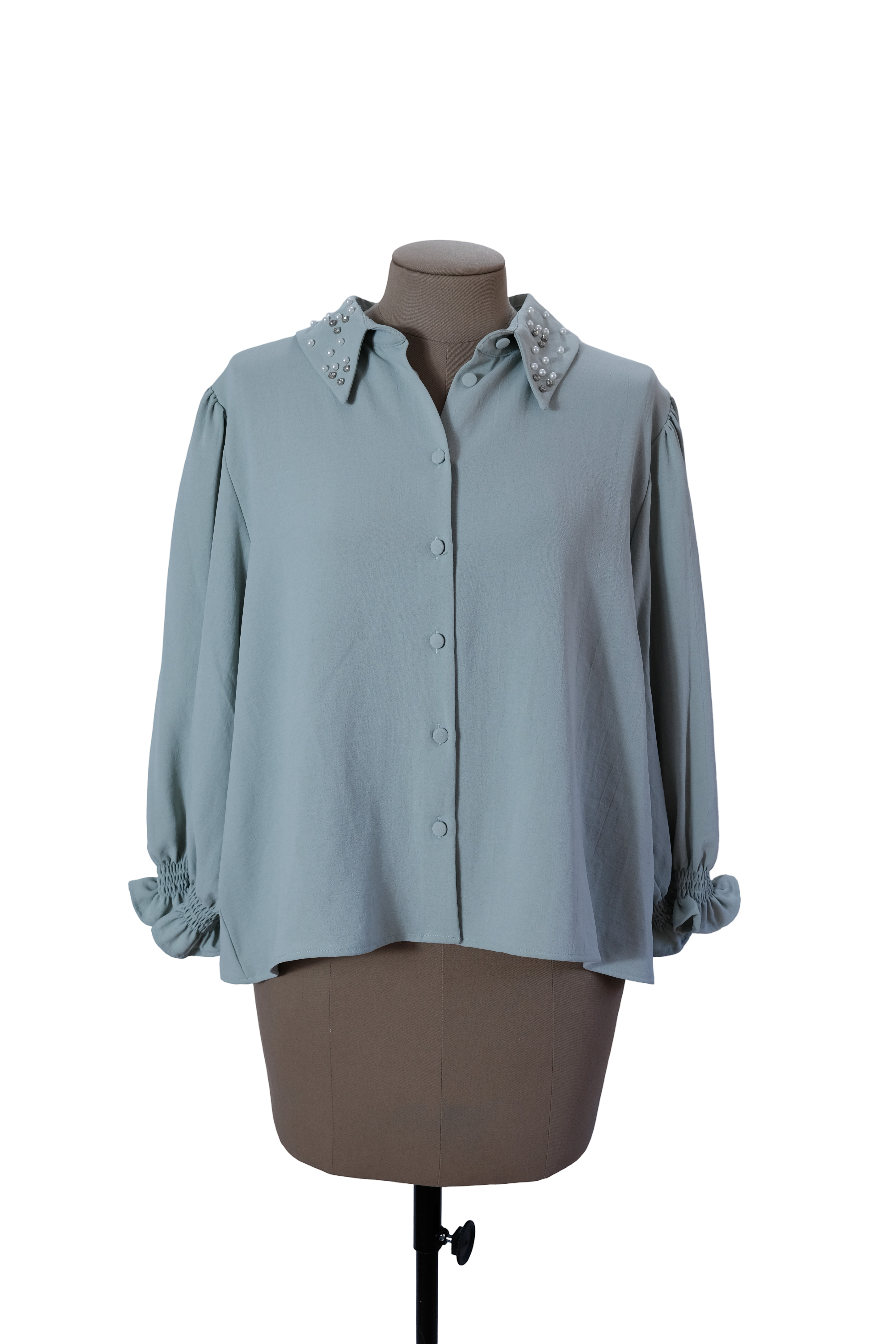Blusa Verde Menta Claro Perlas En Cuello