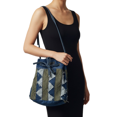 Mochila Grande Denim Azúl Y Verde Oscuro con Tote Bag