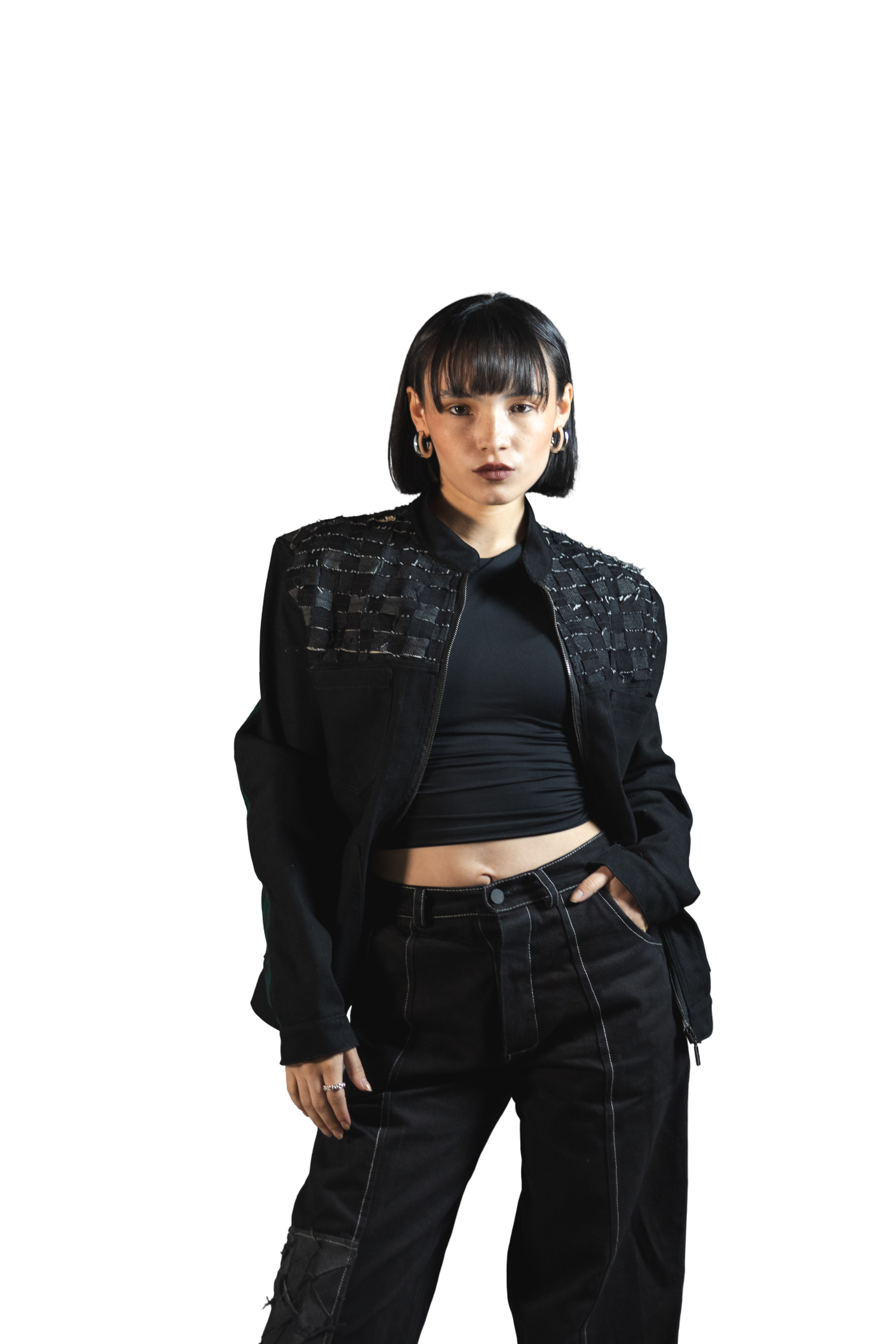 CHAQUETA DENIM NEGRO ESPALDA CUADRO ESCOCES VERDE TALLA  ML