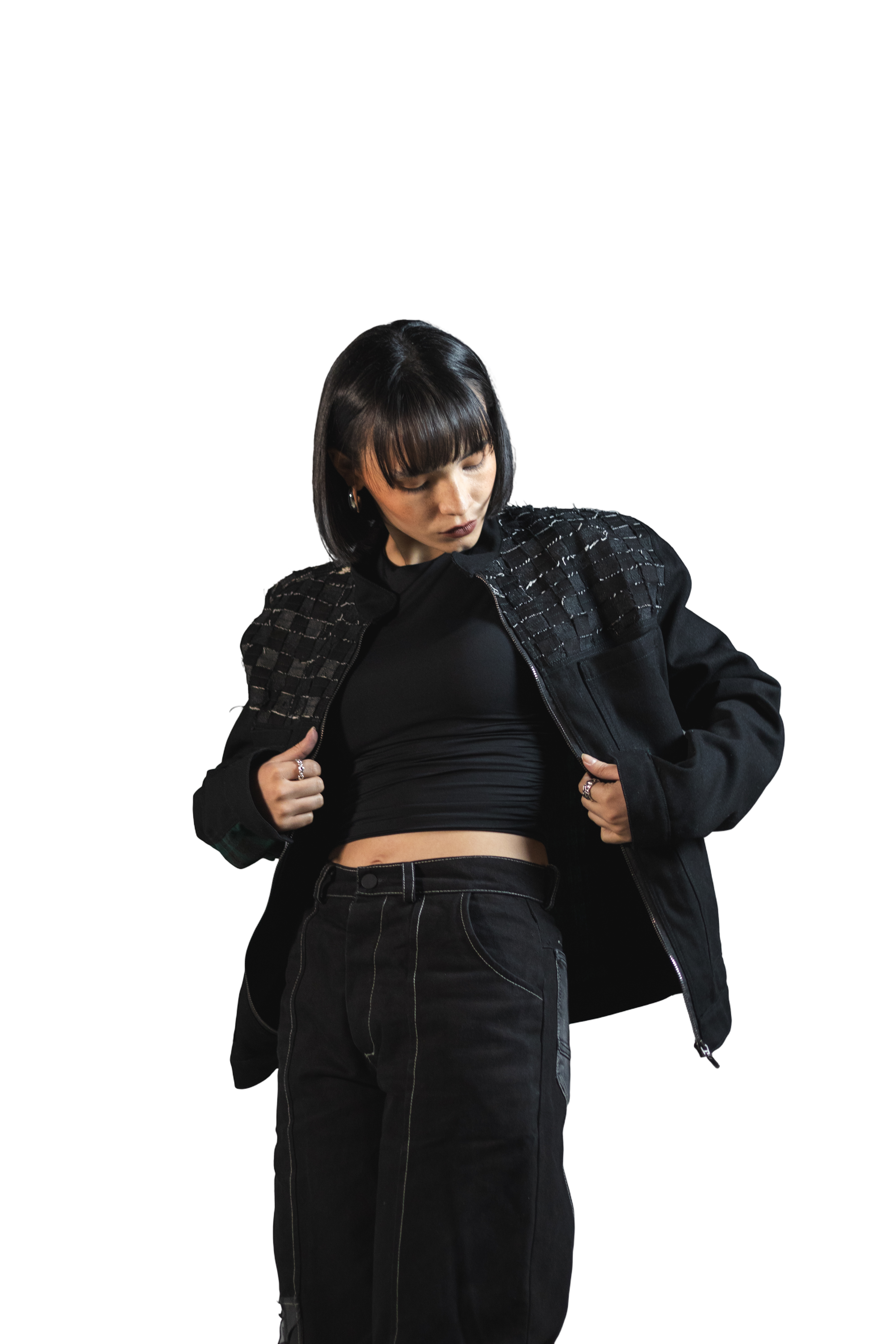 Chaqueta Denim Negro Espalda Cuadro Escoces Verde