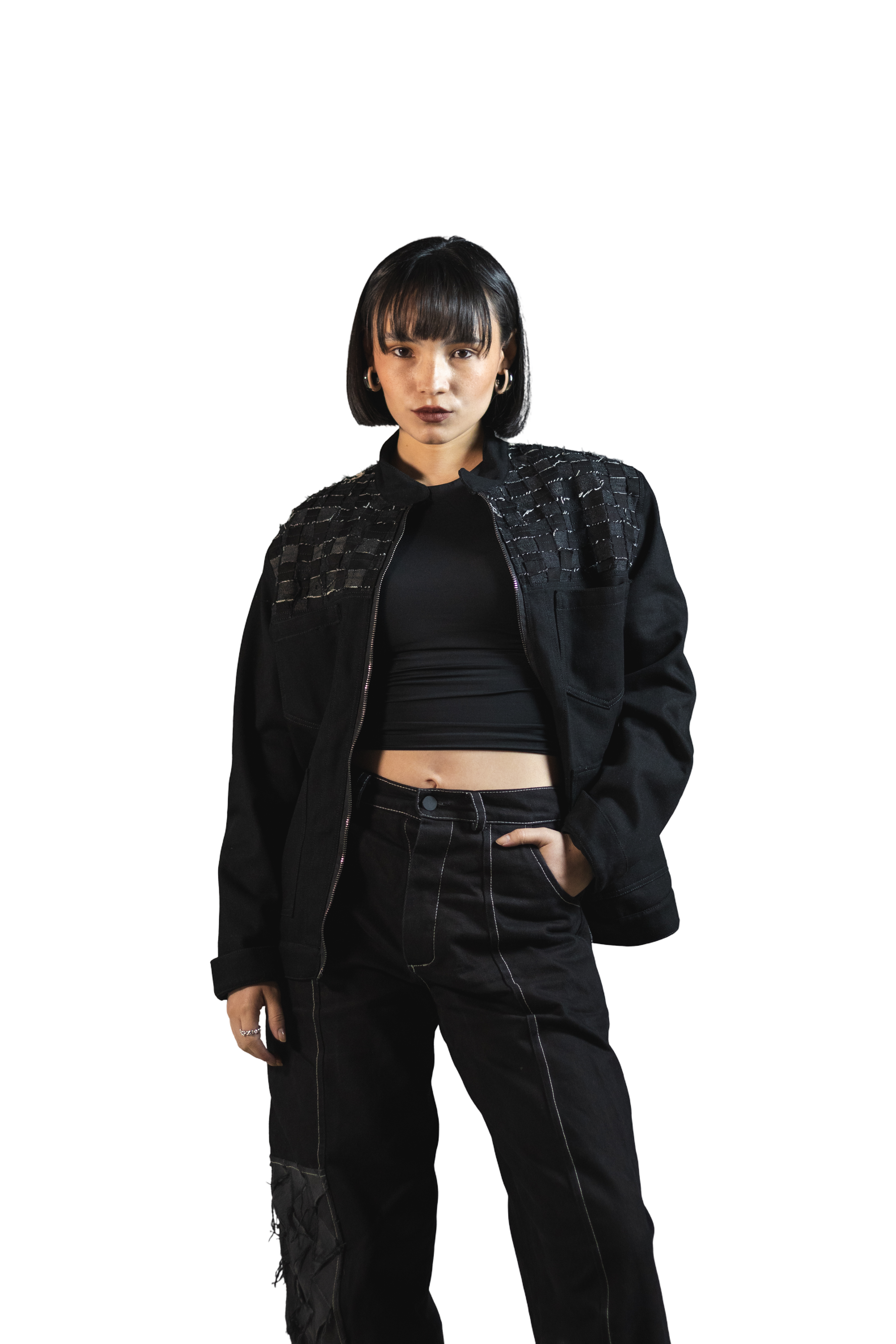 Chaqueta Denim Negro Espalda Cuadro Escoces Verde