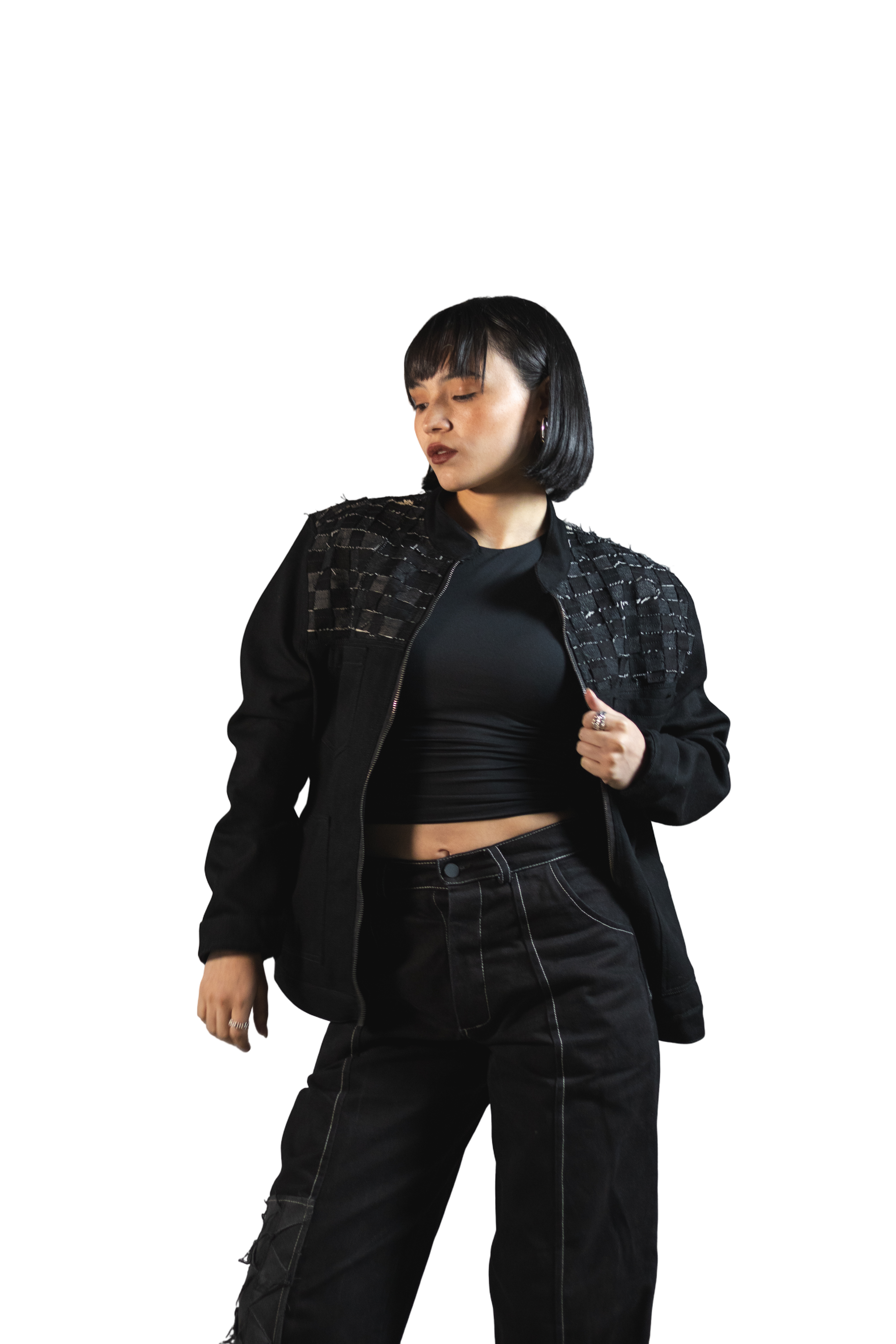 Chaqueta Denim Negro Espalda Cuadro Escoces Verde