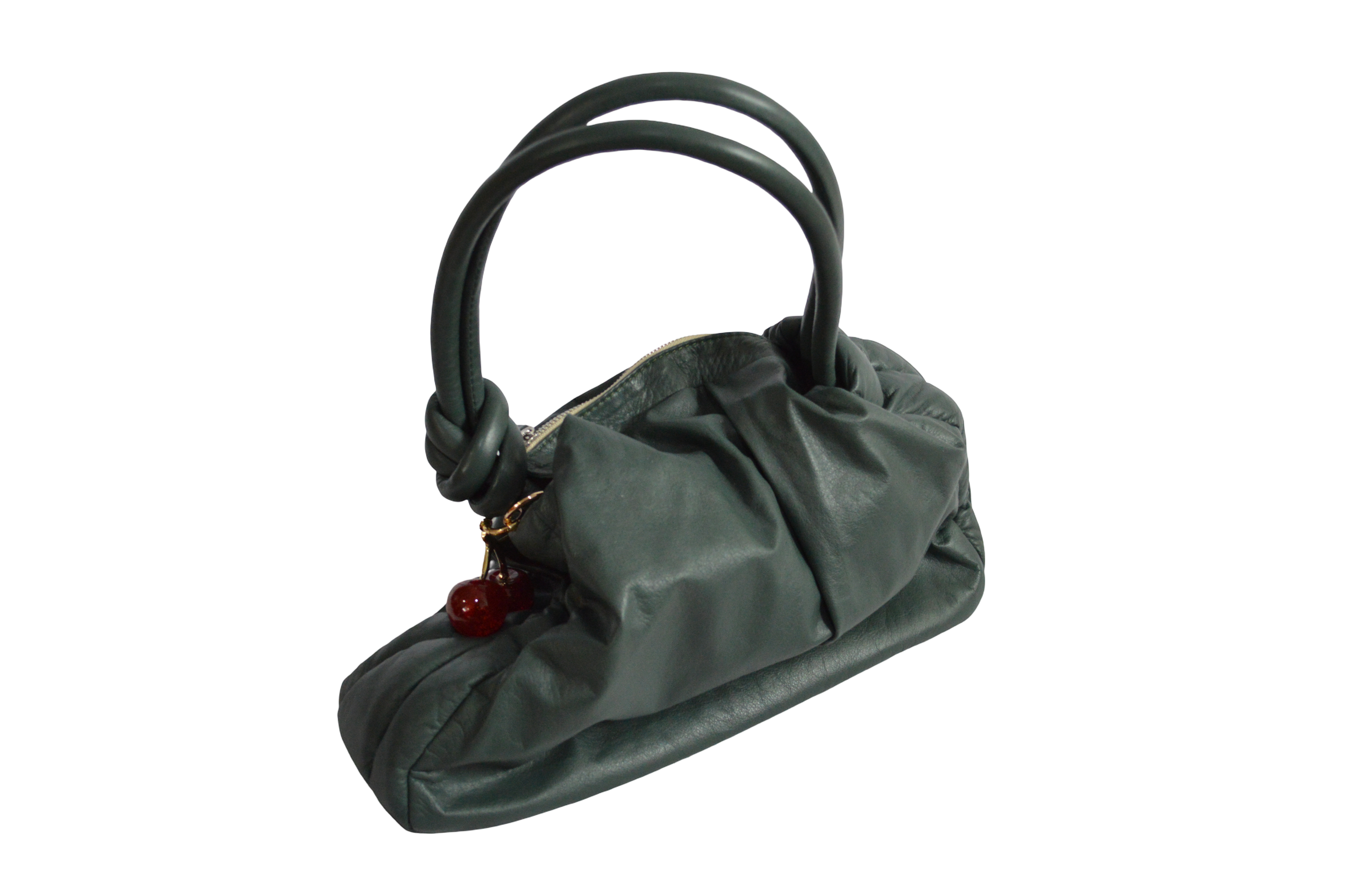 Bolso Grande Verde Oscuro Recogido Con Llavero de Cereza