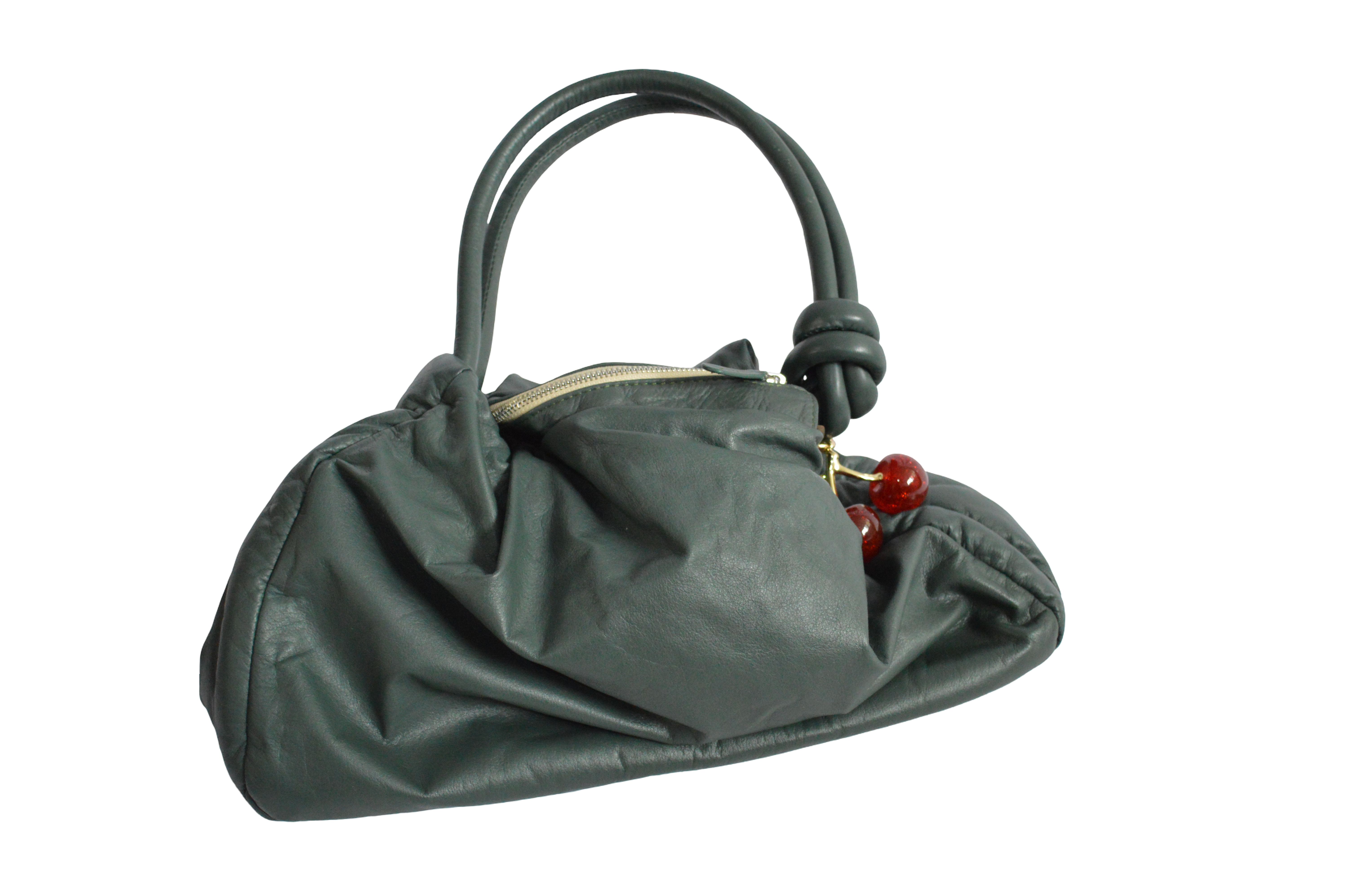 Bolso Grande Verde Oscuro Recogido Con Llavero de Cereza