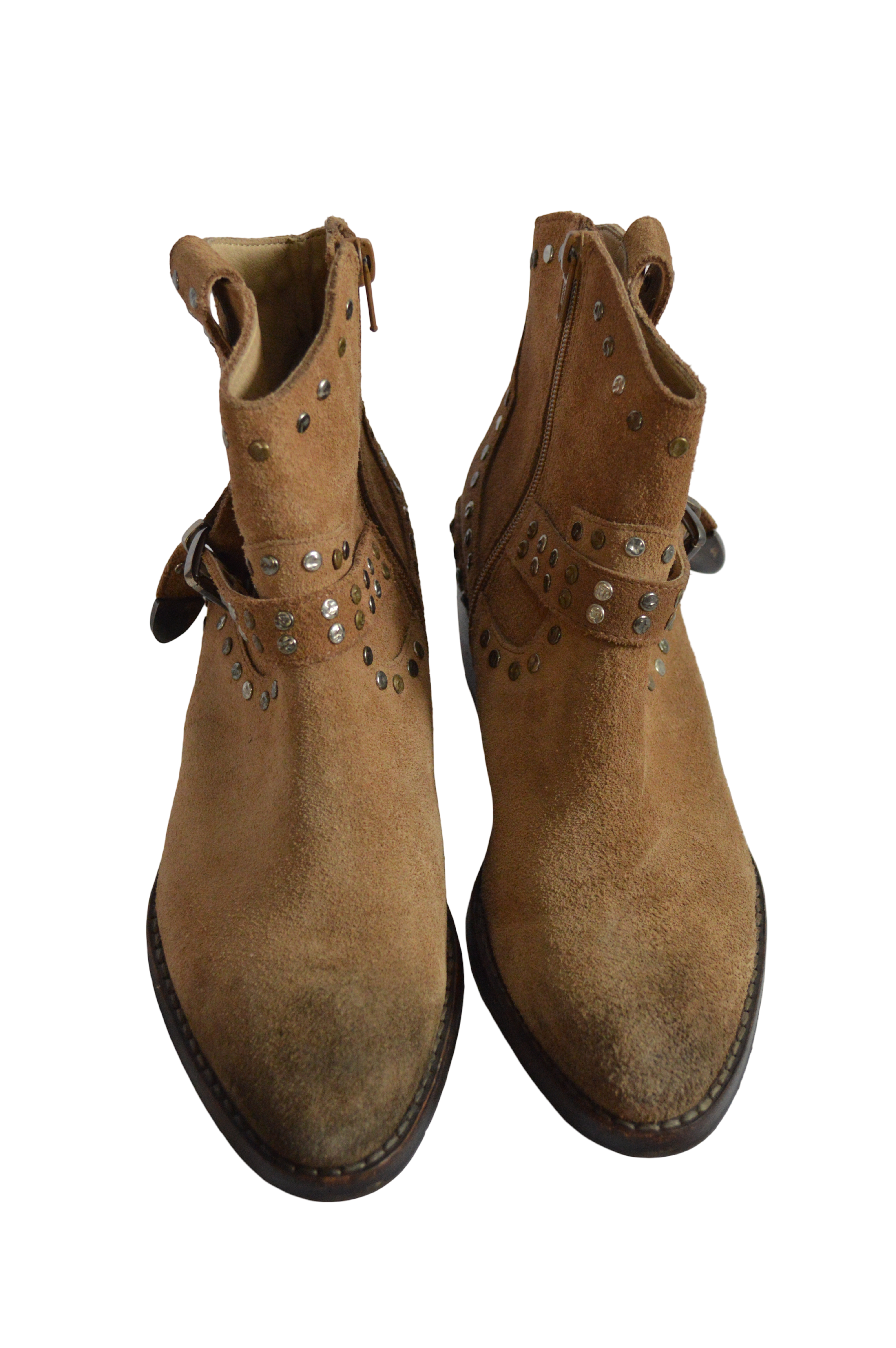 Botas Caña Corta Cafe De Gamuza Con Taches Metalicos Talla 38