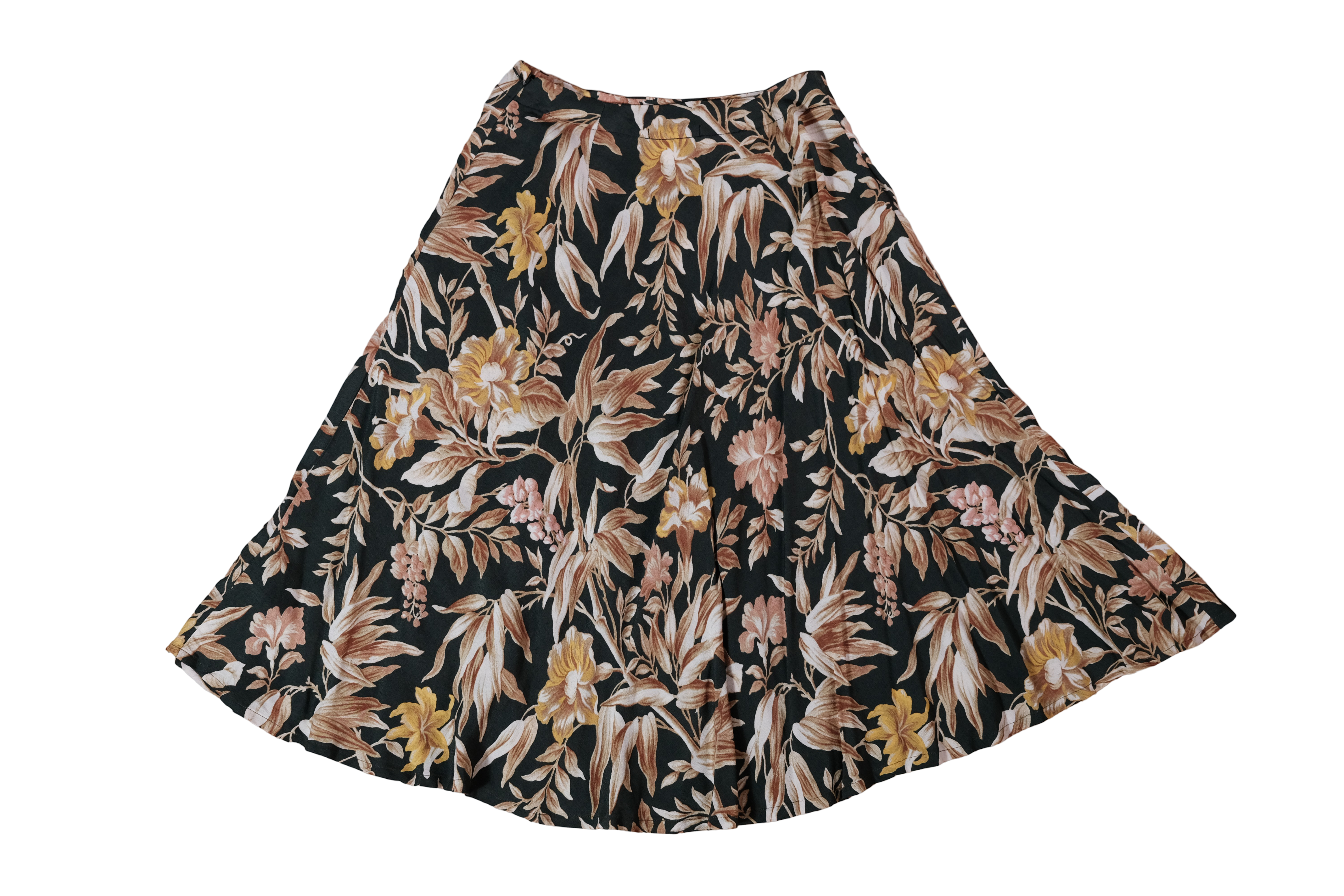 Falda Larga Verde Estampado Flores Beige