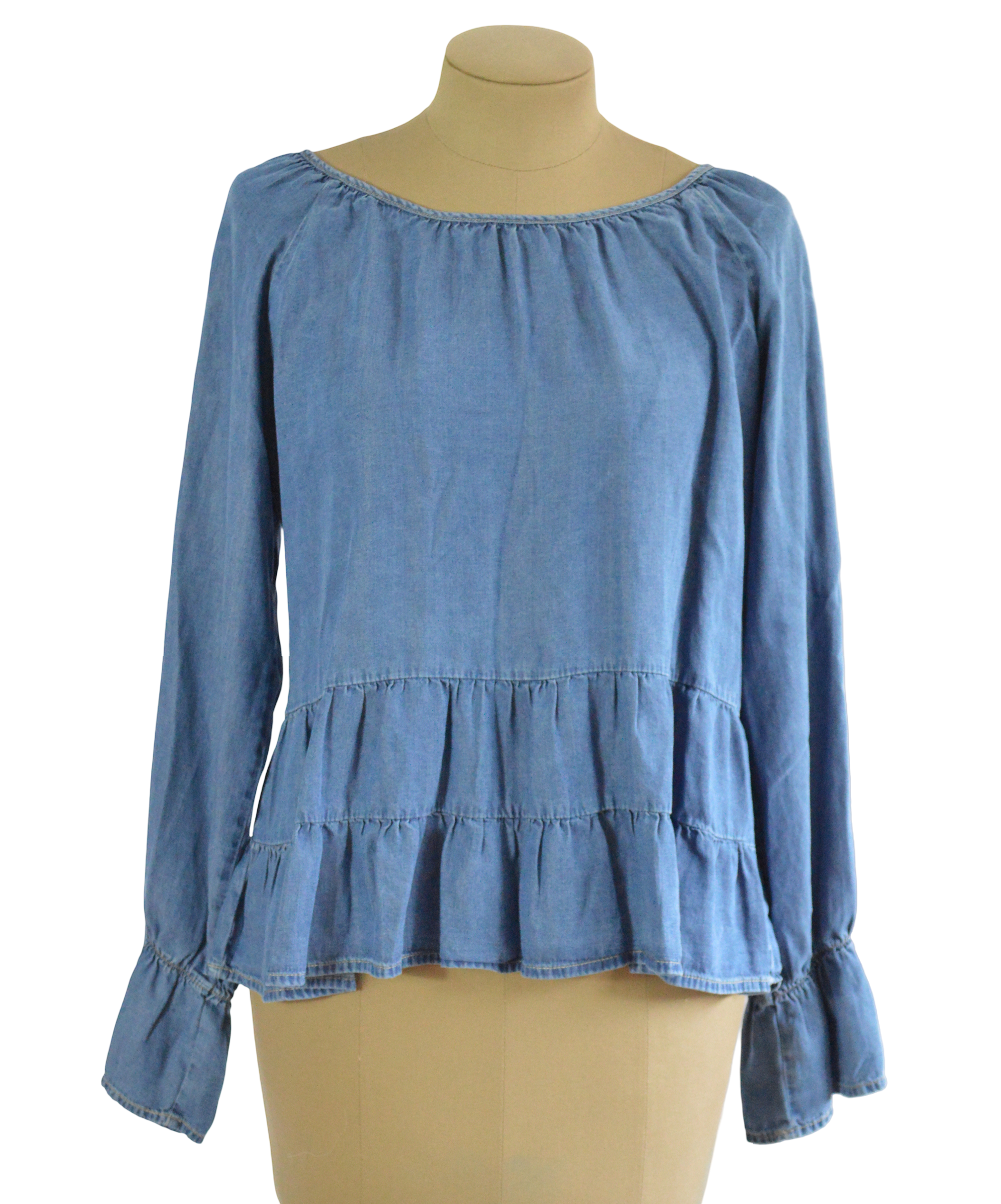 BLUSA DENIM AZUL CON OLANES TALLA L
