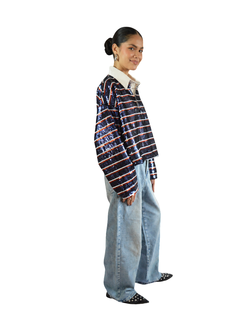 CAMISA CORTA LENTEJUELAS RAYAS AZUL OSCURO BLANCO ROJO