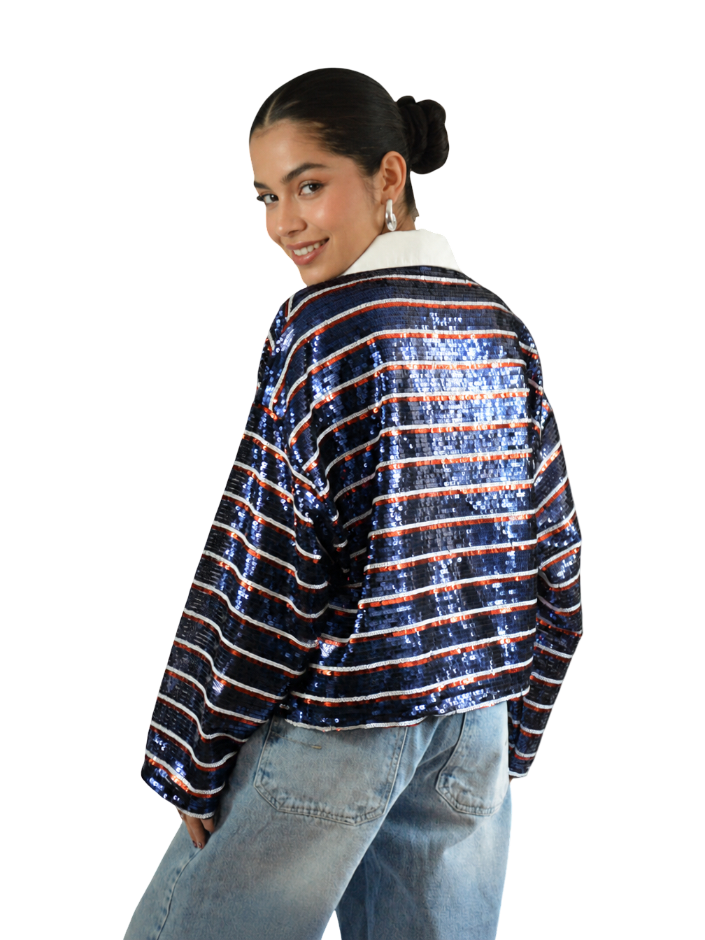 CAMISA CORTA LENTEJUELAS RAYAS AZUL OSCURO BLANCO ROJO